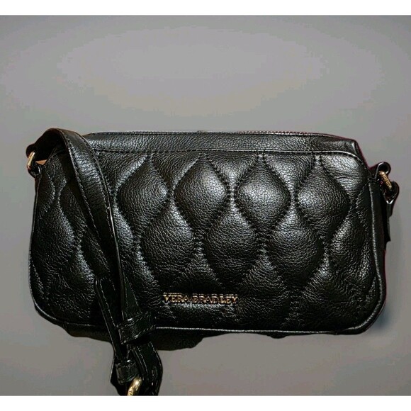 VERA BRADLEY Sycamore Leather Sydney Crossbody Black Quilted - Picture 2 of 15
